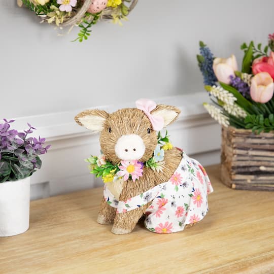 7" Girl Piglet with Floral Dress Spring Figurine